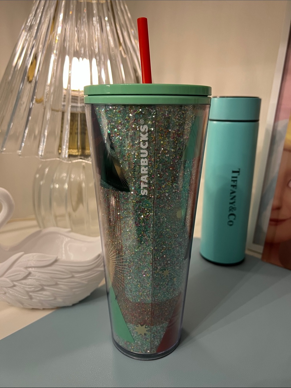 Starbucks Mint Green Glitter Cold Cup with Red Straw